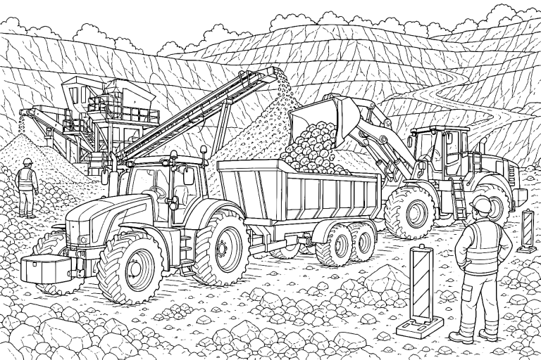 Traktor mit Kippanhänger an der Kiesgrube – Ausmalbild für Kinder ab 11 Jahren - Ausmalbild ab 11 Jahren