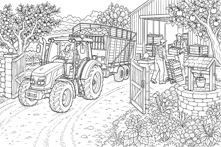 Traktor mit Ladewagen an der Hofzufahrt – Ausmalbild für Kinder ab 11 Jahren - Ausmalbild ab 11 Jahren