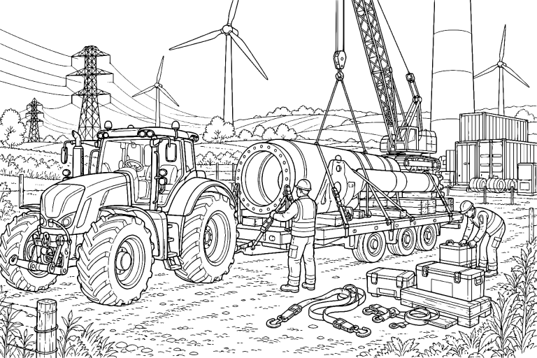 Traktor mit Plattformanhänger an der Windkraftanlage – Ausmalbild für Kinder ab 11 Jahren - Ausmalbild ab 11 Jahren