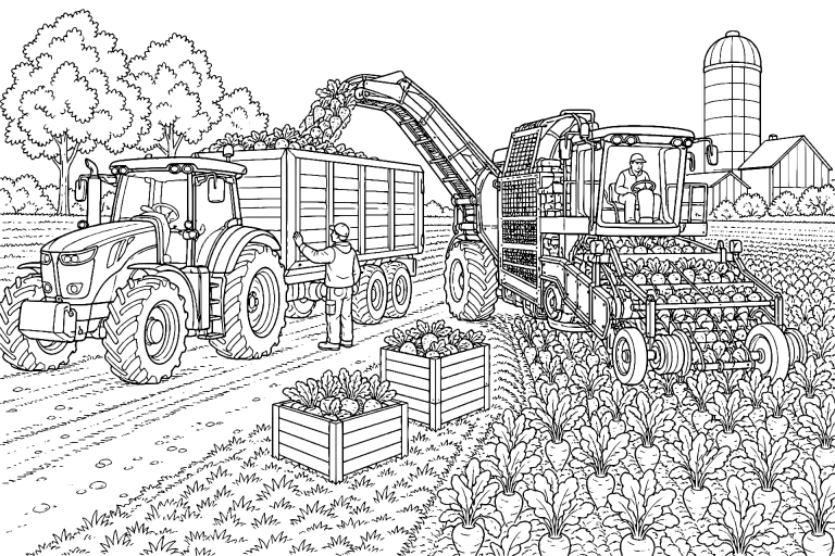 Traktor mit Rübenroder am Feldrand – Ausmalbild für Kinder ab 11 Jahren - Ausmalbild ab 11 Jahren