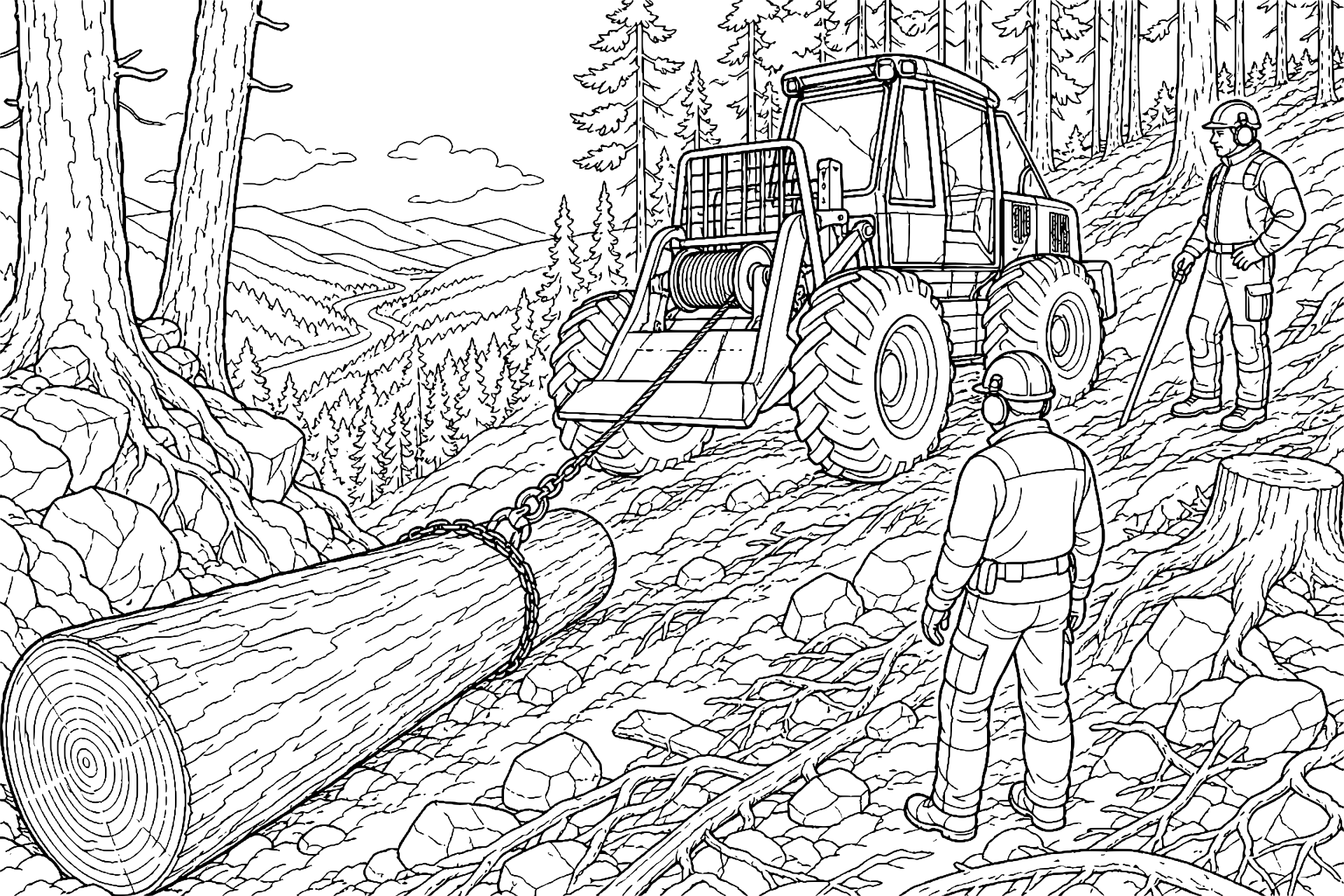 Traktor mit Seilwinde an einer steilen Forstschneise