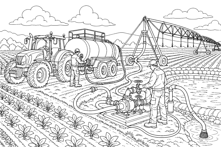 Traktor mit Tankanhänger bei der mobilen Feldbewässerung – Ausmalbild für Kinder ab 11 Jahren - Ausmalbild ab 11 Jahren