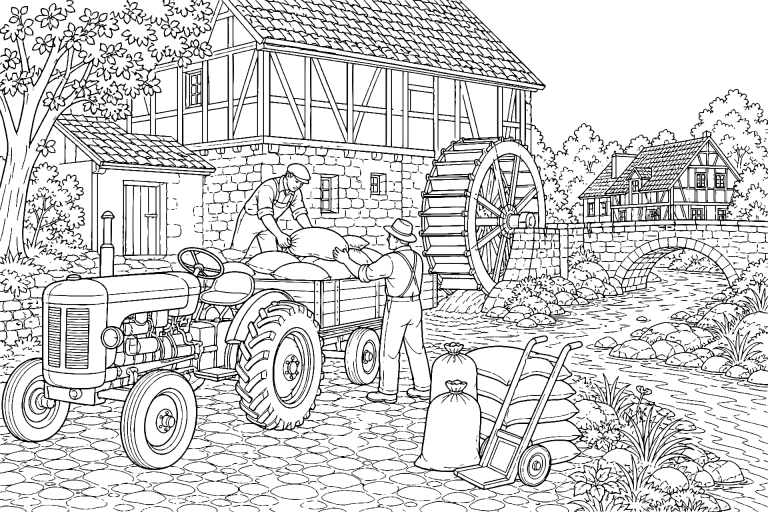 Traktor und Anhänger an der alten Dorfmühle – Ausmalbild für Kinder ab 11 Jahren - Ausmalbild ab 11 Jahren