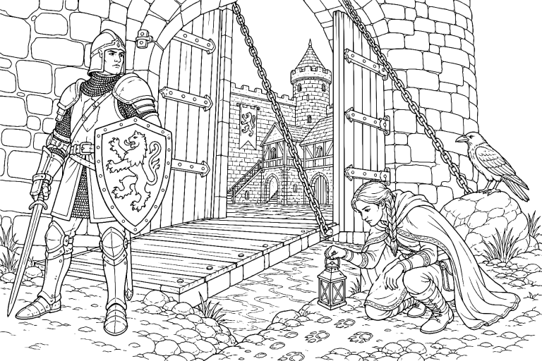 Der Ritter am Tor der Nebelburg - Ausmalbild ab 11 Jahren