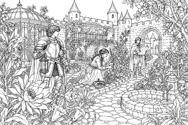 Der Ritter im Garten der Nachtblumen - Ausmalbild ab 11 Jahren