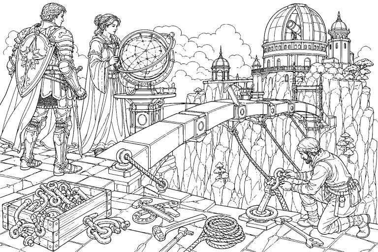 Der Ritter und die Brücke aus Mondstein - Ausmalbild ab 11 Jahren