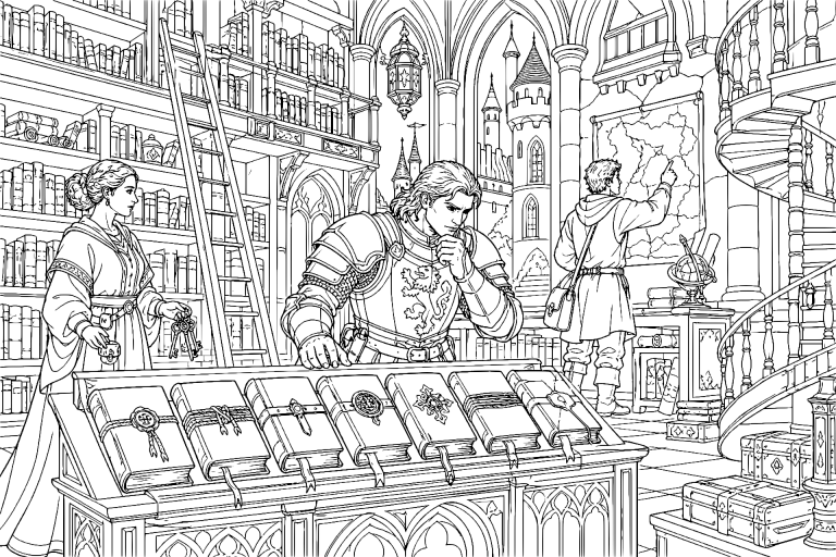 Der Ritter und die sieben Siegel der Burgbibliothek - Ausmalbild ab 11 Jahren