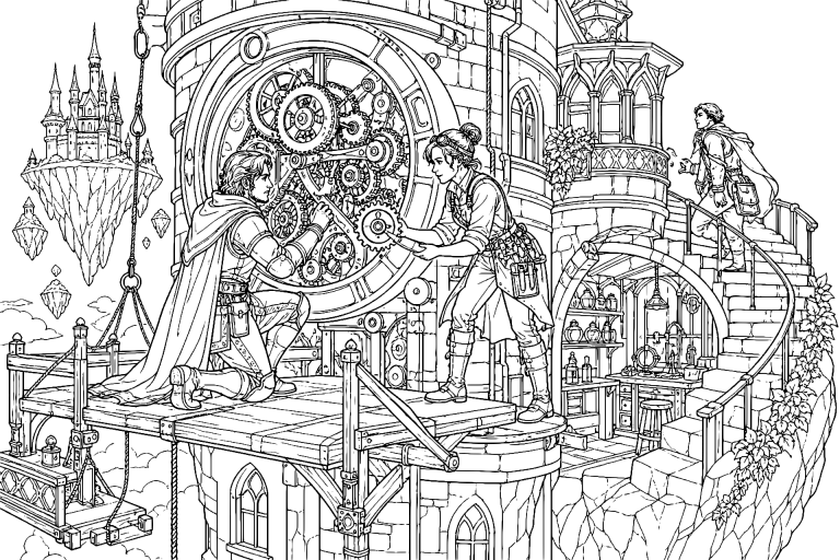 Der Ritter und die Uhr des Feenturms - Ausmalbild ab 11 Jahren