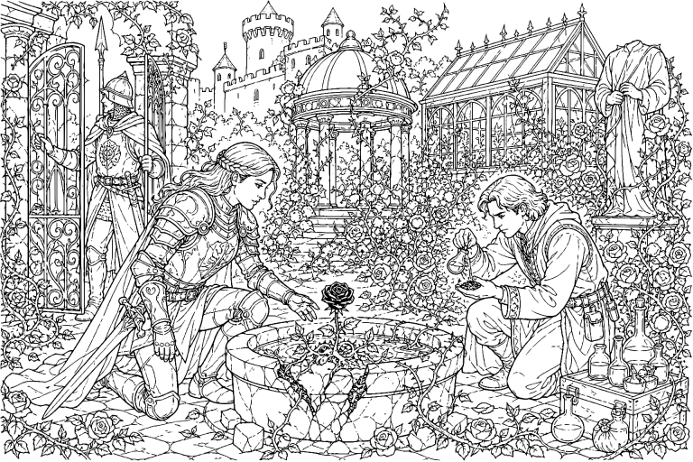 Die Ritterin und das Rätsel der schwarzen Rose - Ausmalbild ab 11 Jahren