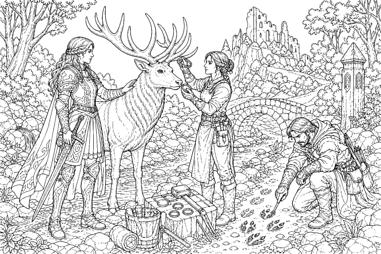 Die Ritterin und der Hirsch von Silberquell - Ausmalbild ab 11 Jahren