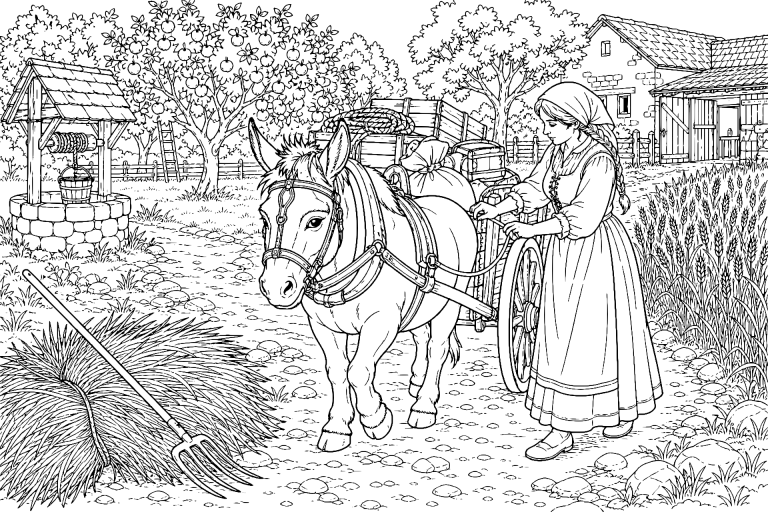 Bauernhoftiere Ausmalbild ab 11 Jahre - Esel mit Lastkarren auf dem Feldweg - Ausmalbild ab 11 Jahren