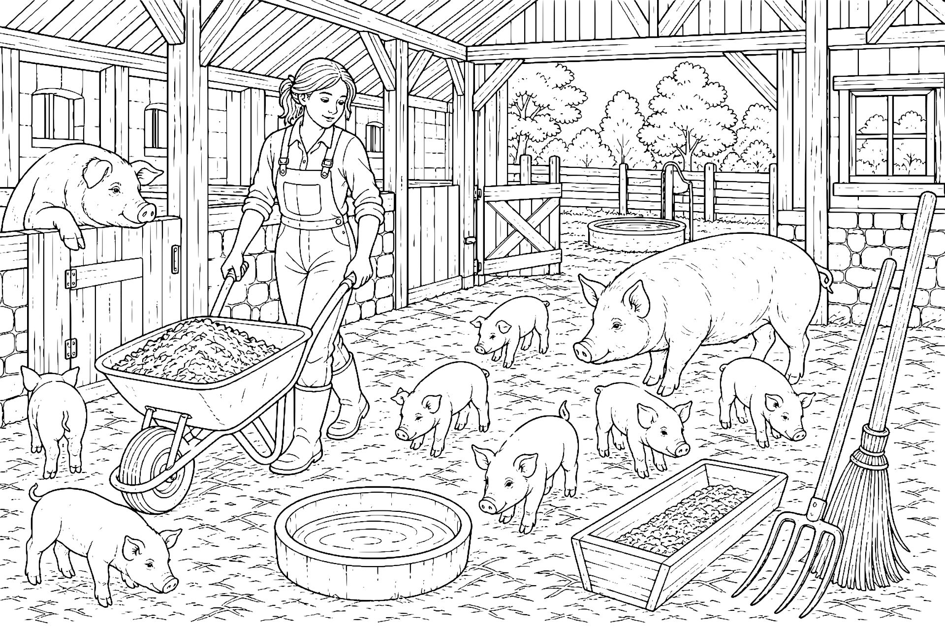 Bauernhoftiere Ausmalbild ab 11 Jahre - Ferkel und Bäuerin beim Ausmisten - Ausmalbild ab 11 Jahren