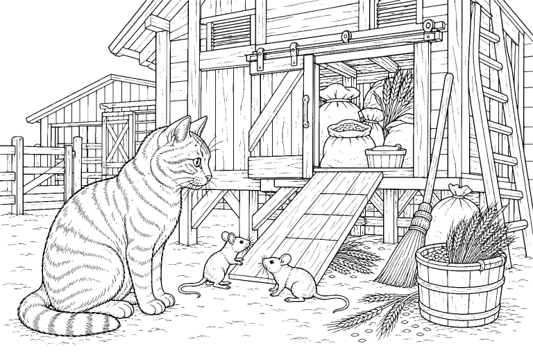 Bauernhoftiere Ausmalbild ab 11 Jahre - Hofkatze beobachtet Mäuse am Getreidespeicher - Ausmalbild ab 11 Jahren