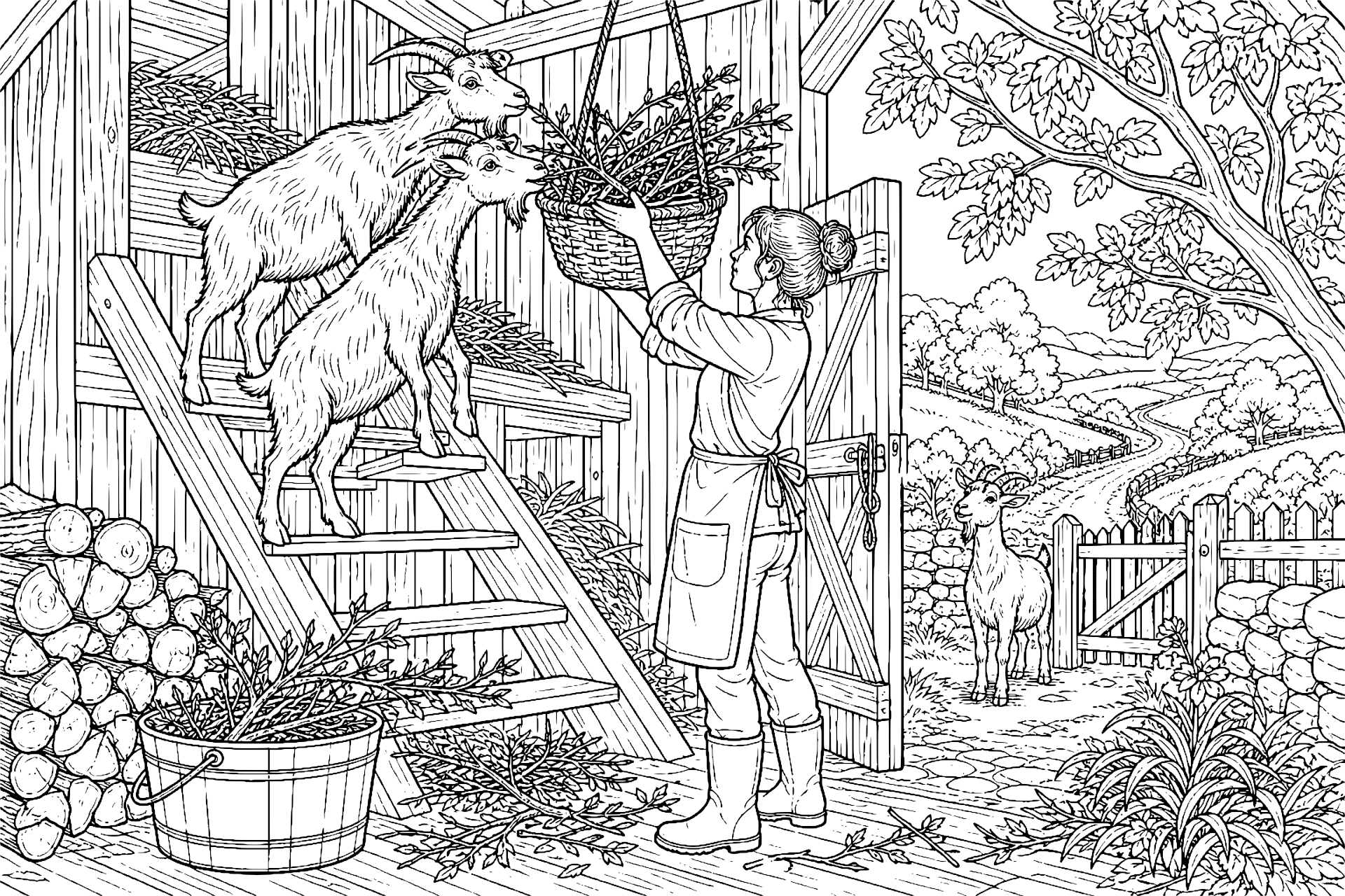 Bauernhoftiere Ausmalbild ab 11 Jahre - Hofziegen auf der Scheunentreppe - Ausmalbild ab 11 Jahren