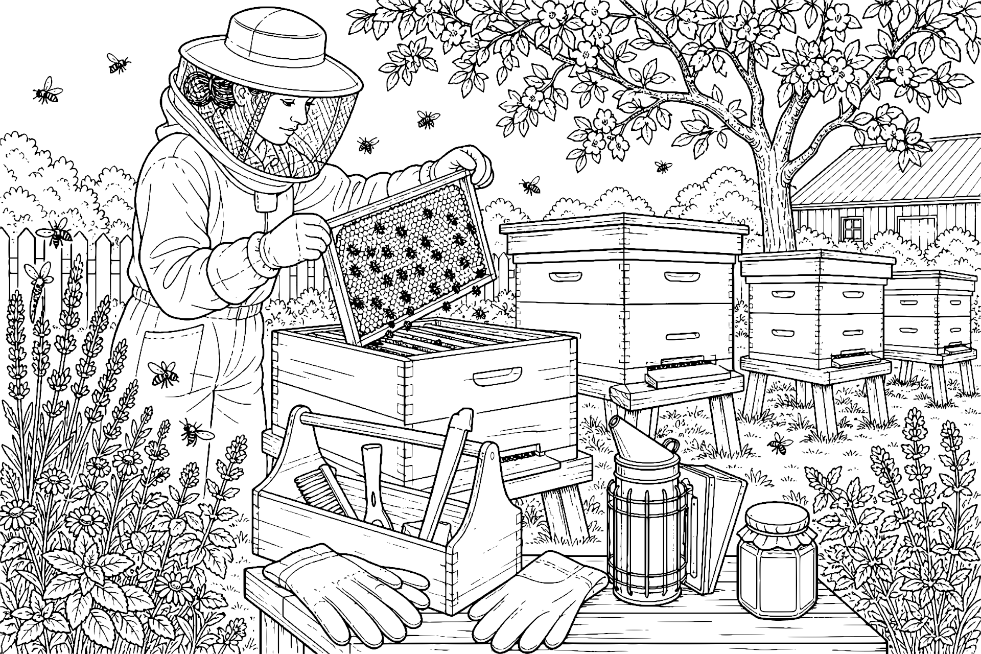 Bauernhoftiere Ausmalbild ab 11 Jahre - Imkerin bei den Bienenstöcken am Hofrand - Ausmalbild ab 11 Jahren