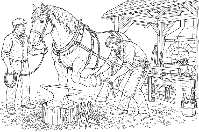Bauernhoftiere Ausmalbild ab 11 Jahre - Kaltblutpferd vor der Feldschmiede - Ausmalbild ab 11 Jahren