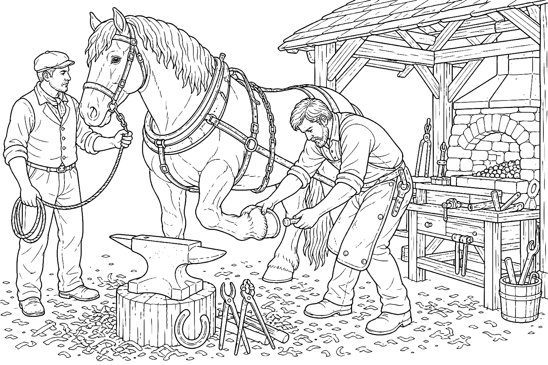 Bauernhoftiere Ausmalbild ab 11 Jahre - Kaltblutpferd vor der Feldschmiede - Ausmalbild ab 11 Jahren
