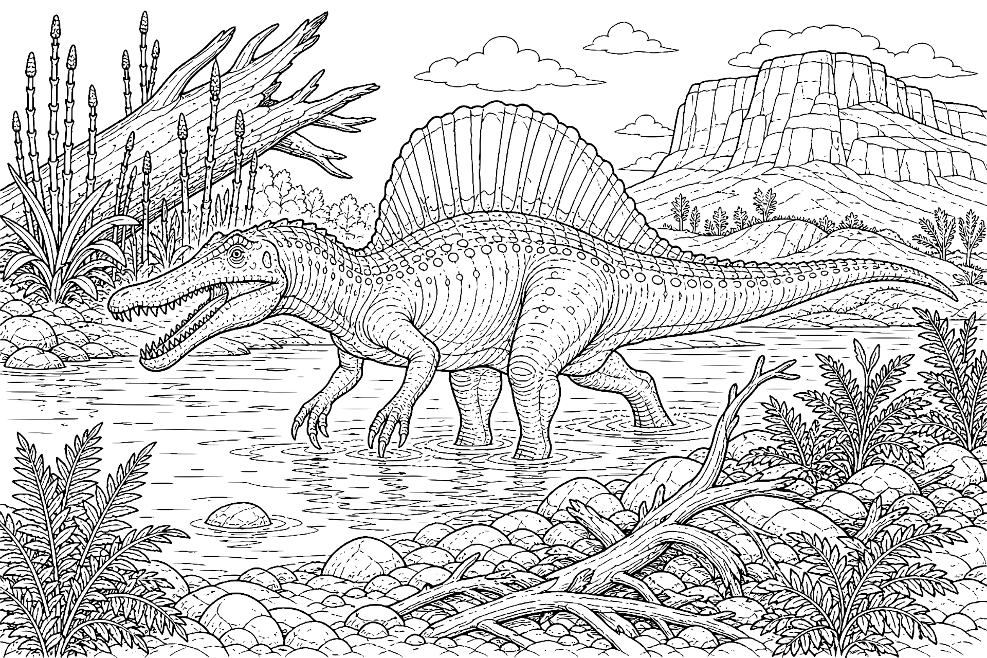 Spinosaurus am Urzeitfluss – Ausmalbild ab 11 Jahren - Ausmalbild ab 11 Jahren