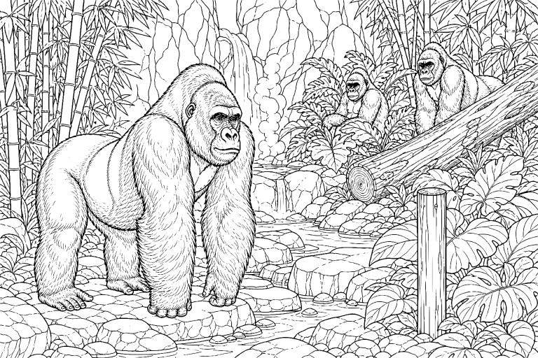 Dschungeltiere Ausmalbild ab 11 Jahre - Gorilla an der Nebelquelle - Ausmalbild ab 11 Jahren