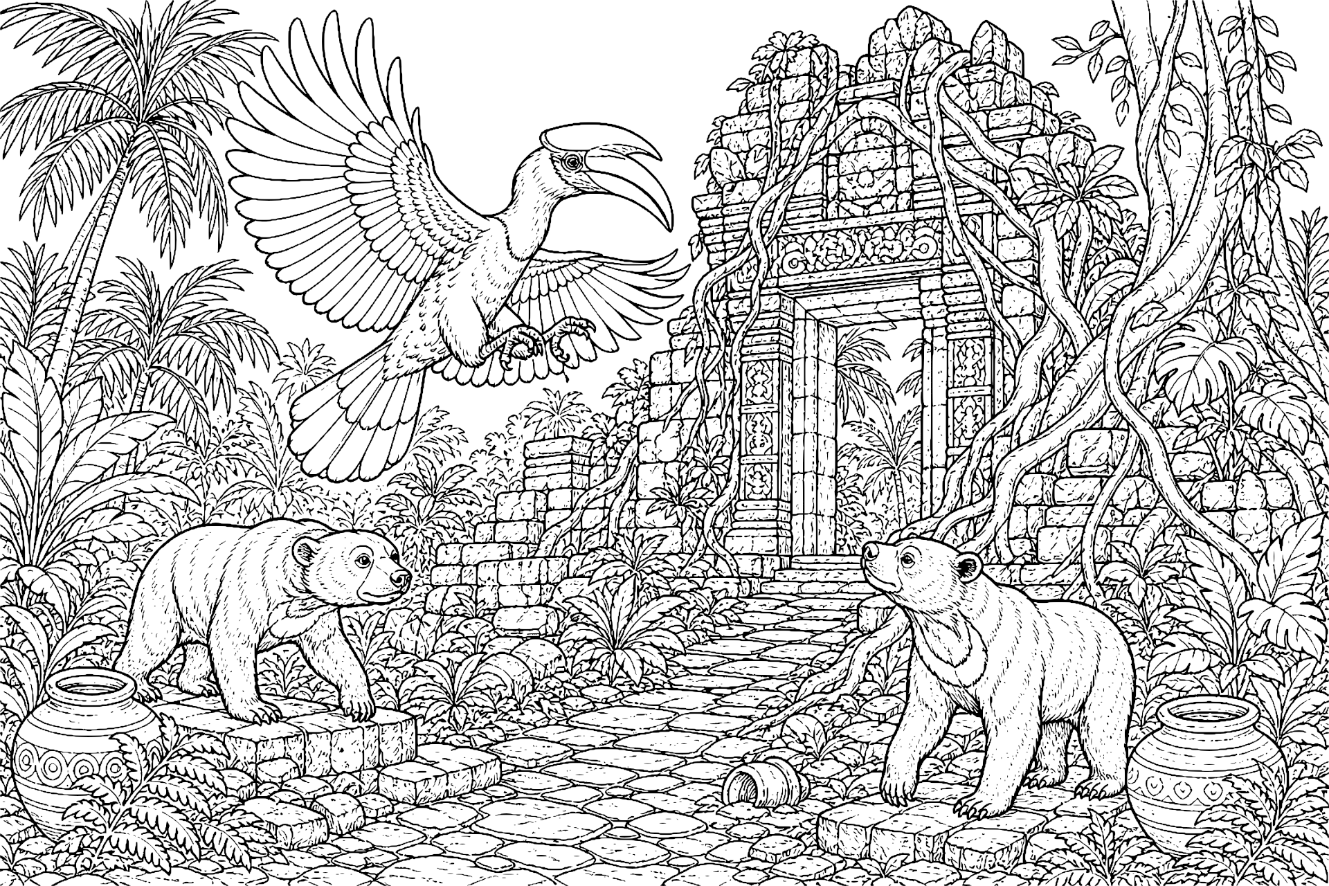 Dschungeltiere Ausmalbild ab 11 Jahre - Nashornvogel am Tempeltor - Ausmalbild ab 11 Jahren