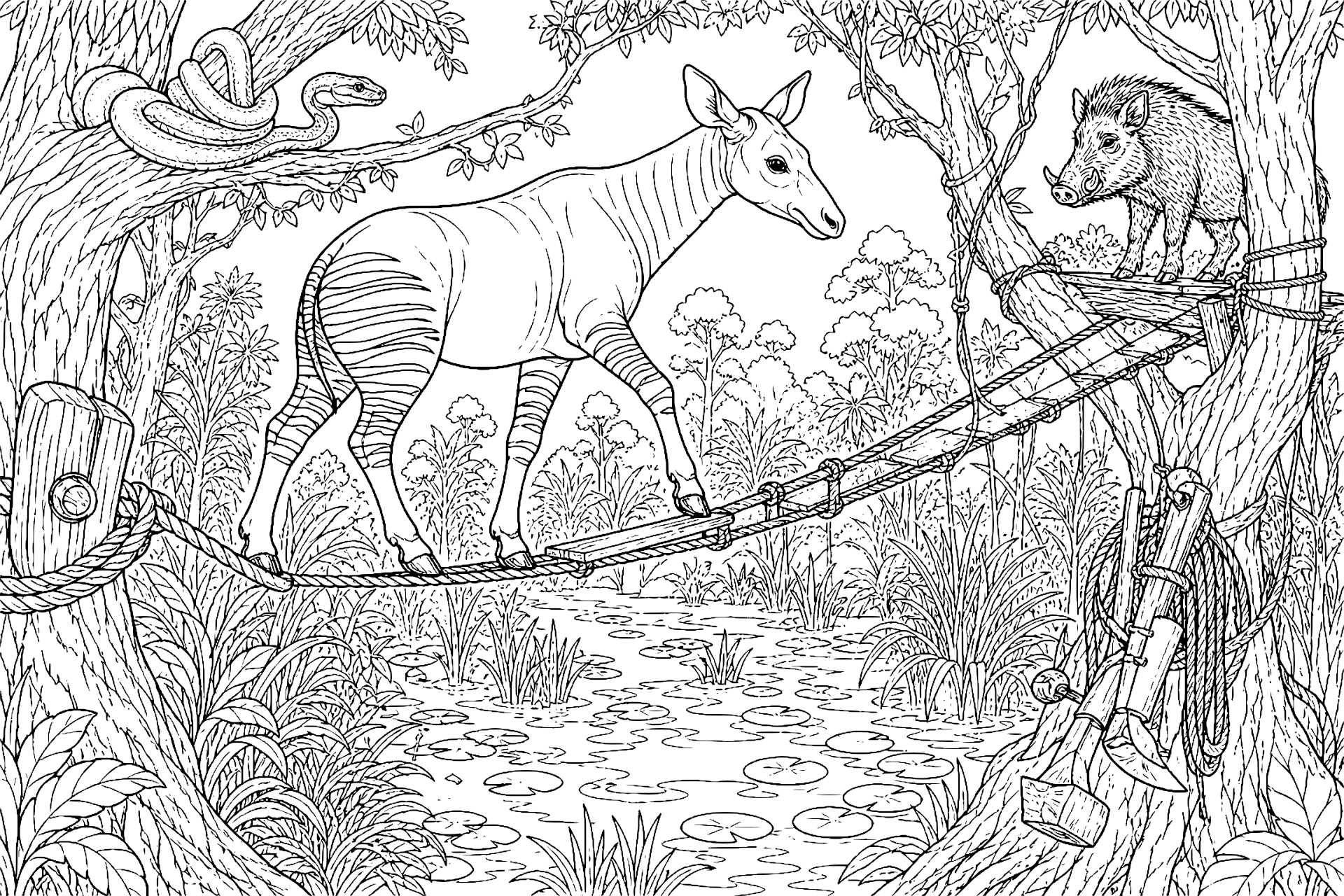 Dschungeltiere Ausmalbild ab 11 Jahre - Okapi am alten Seilpfad - Ausmalbild ab 11 Jahren