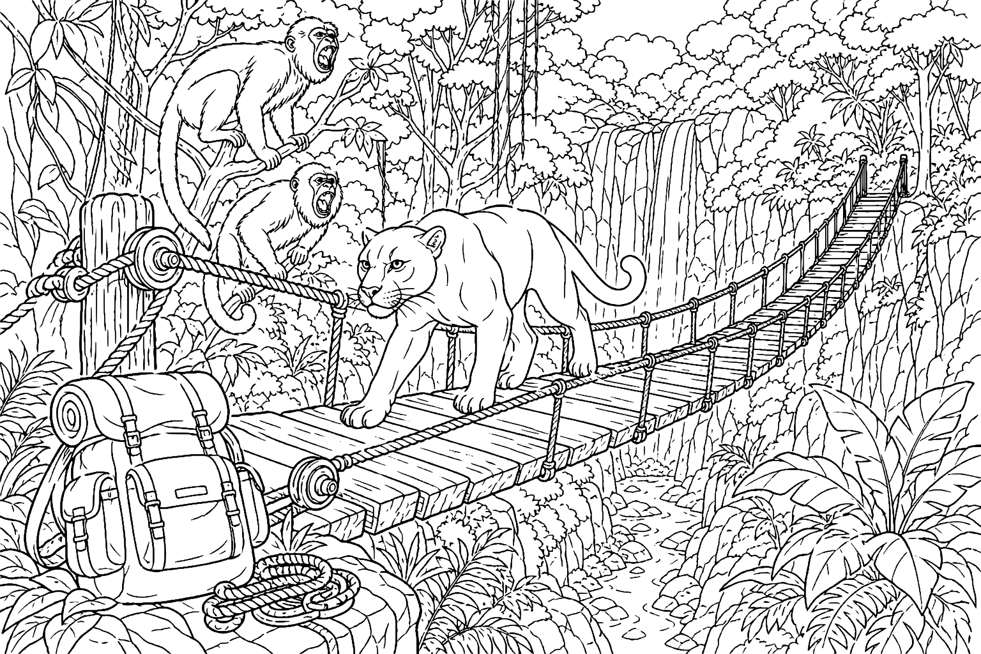 Dschungeltiere Ausmalbild ab 11 Jahre - Panther auf der Hängebrücke - Ausmalbild ab 11 Jahren