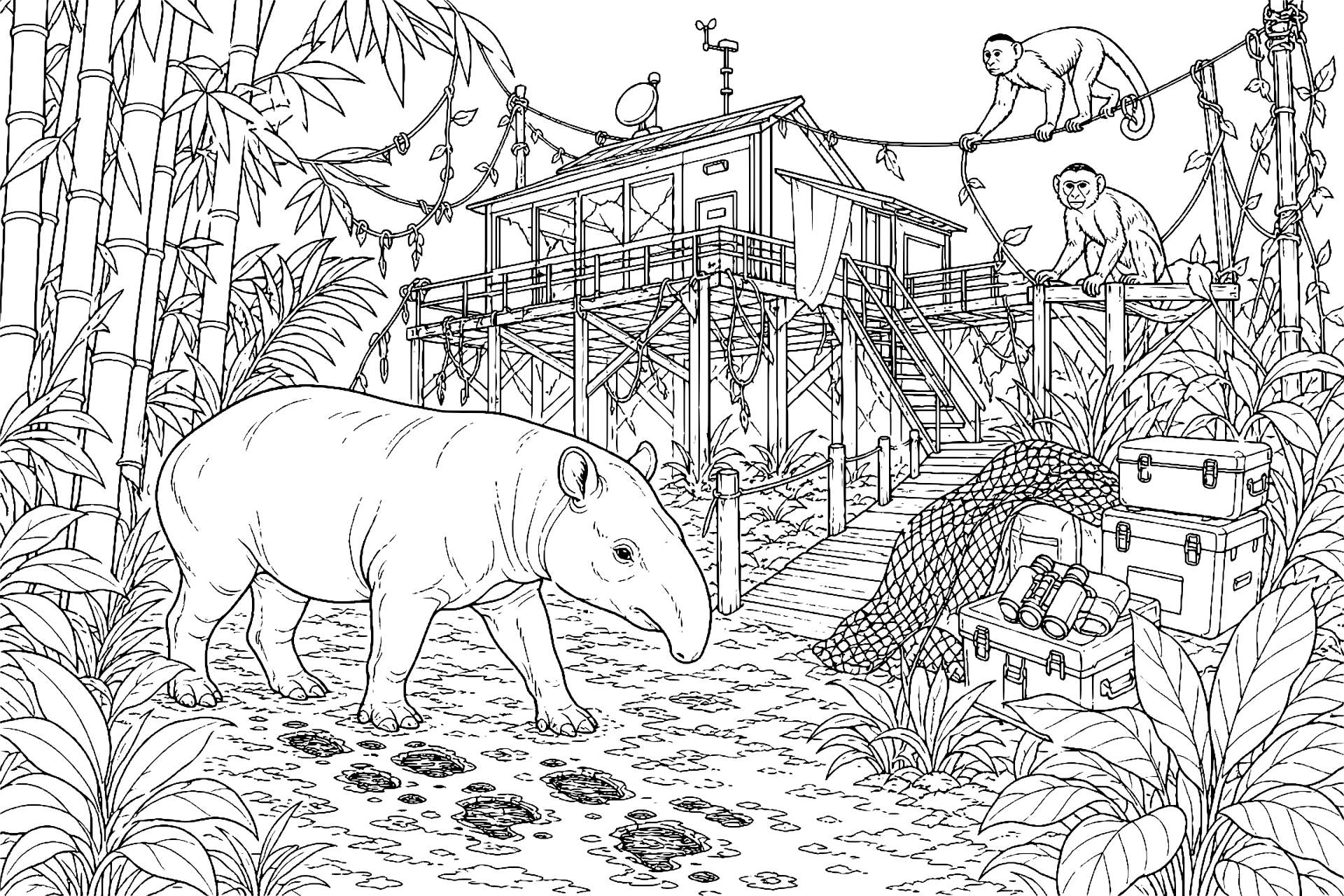 Dschungeltiere Ausmalbild ab 11 Jahre - Tapir an der Forschungsstation - Ausmalbild ab 11 Jahren