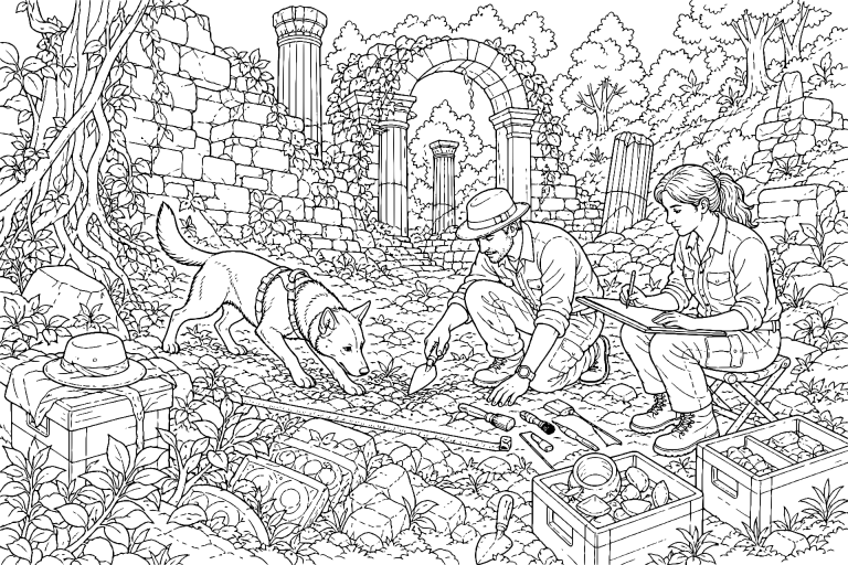 Archäologe mit Spürhund an der Ruine – Ausmalbild ab 11 Jahre - Ausmalbild ab 11 Jahren