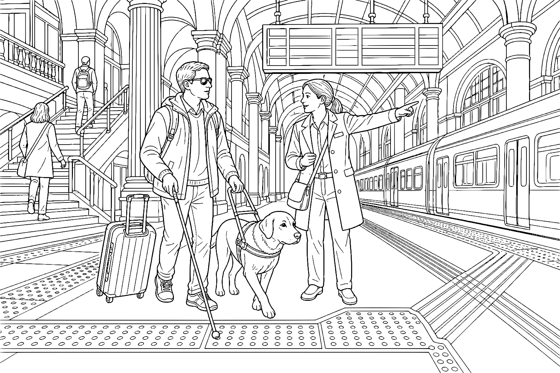 Blindenführhund im Bahnhof – Ausmalbild ab 11 Jahre - Ausmalbild ab 11 Jahren