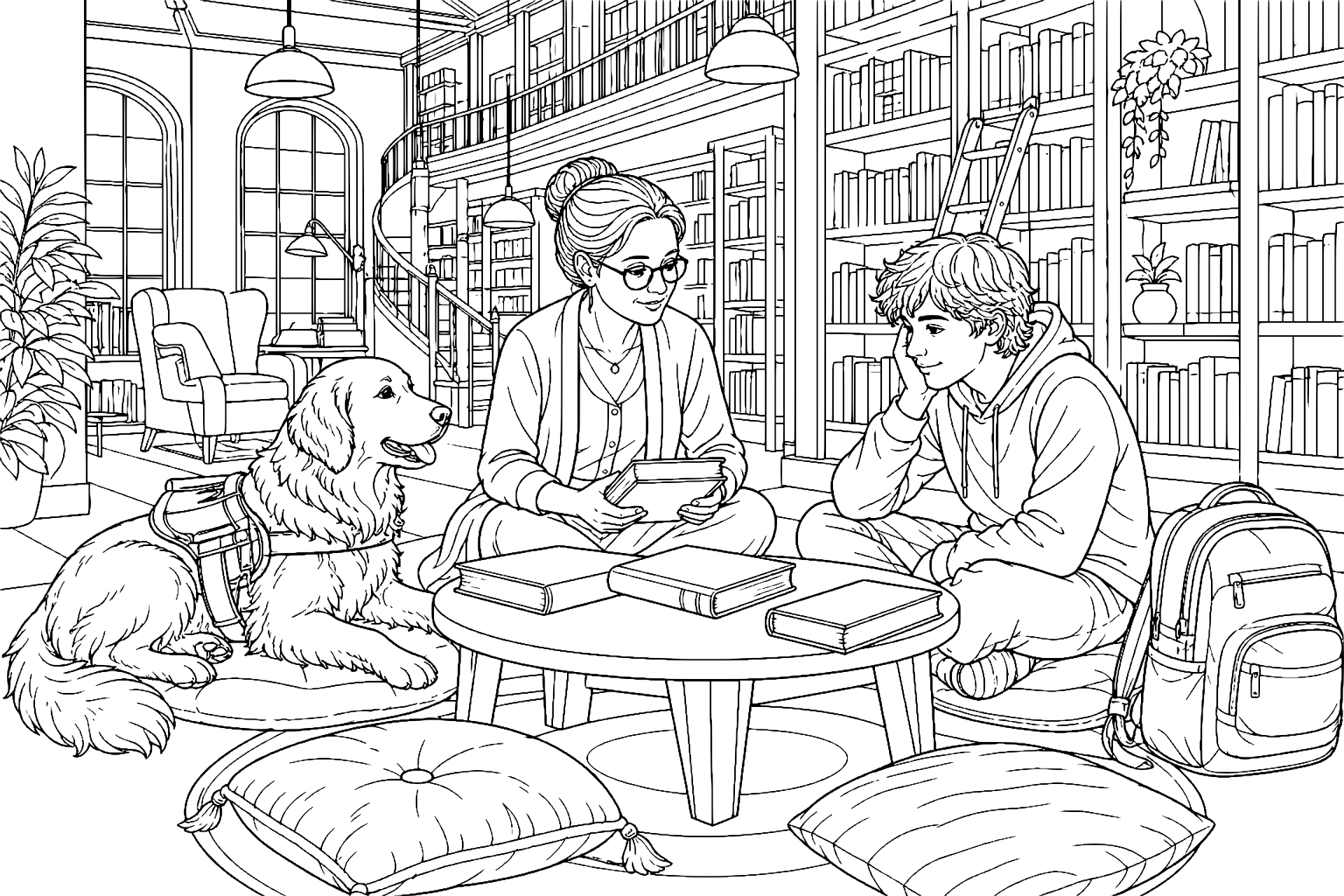 Hund in der Stadtbibliothek – Ausmalbild ab 11 Jahre - Ausmalbild ab 11 Jahren