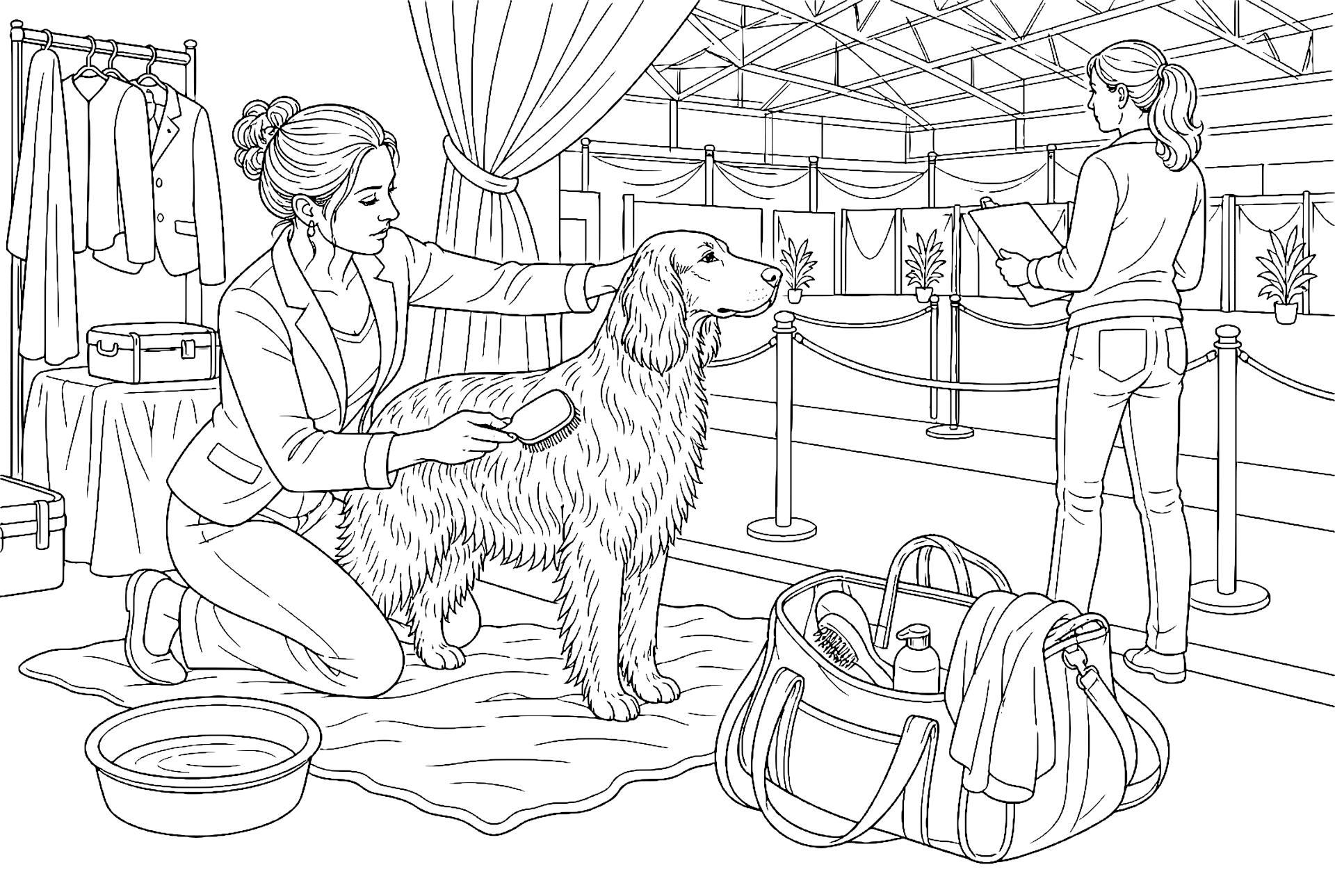 Hundeausstellung hinter den Kulissen – Ausmalbild ab 11 Jahre - Ausmalbild ab 11 Jahren