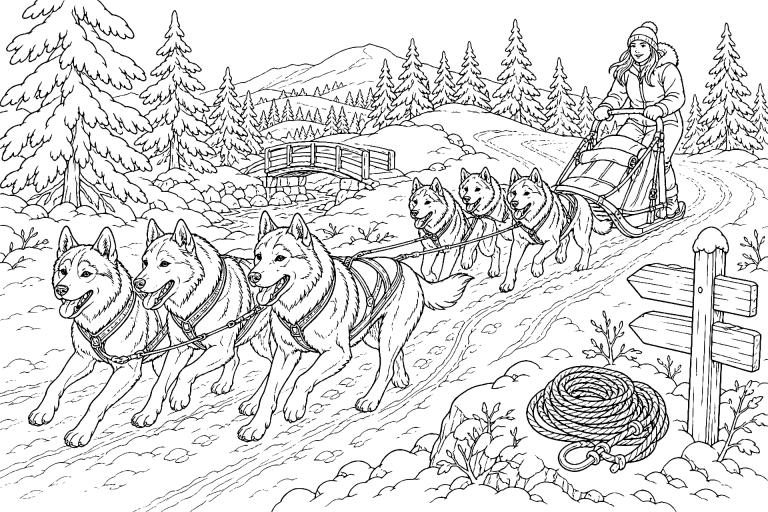 Schlittenhundeteam auf der Winterroute – Ausmalbild ab 11 Jahre - Ausmalbild ab 11 Jahren