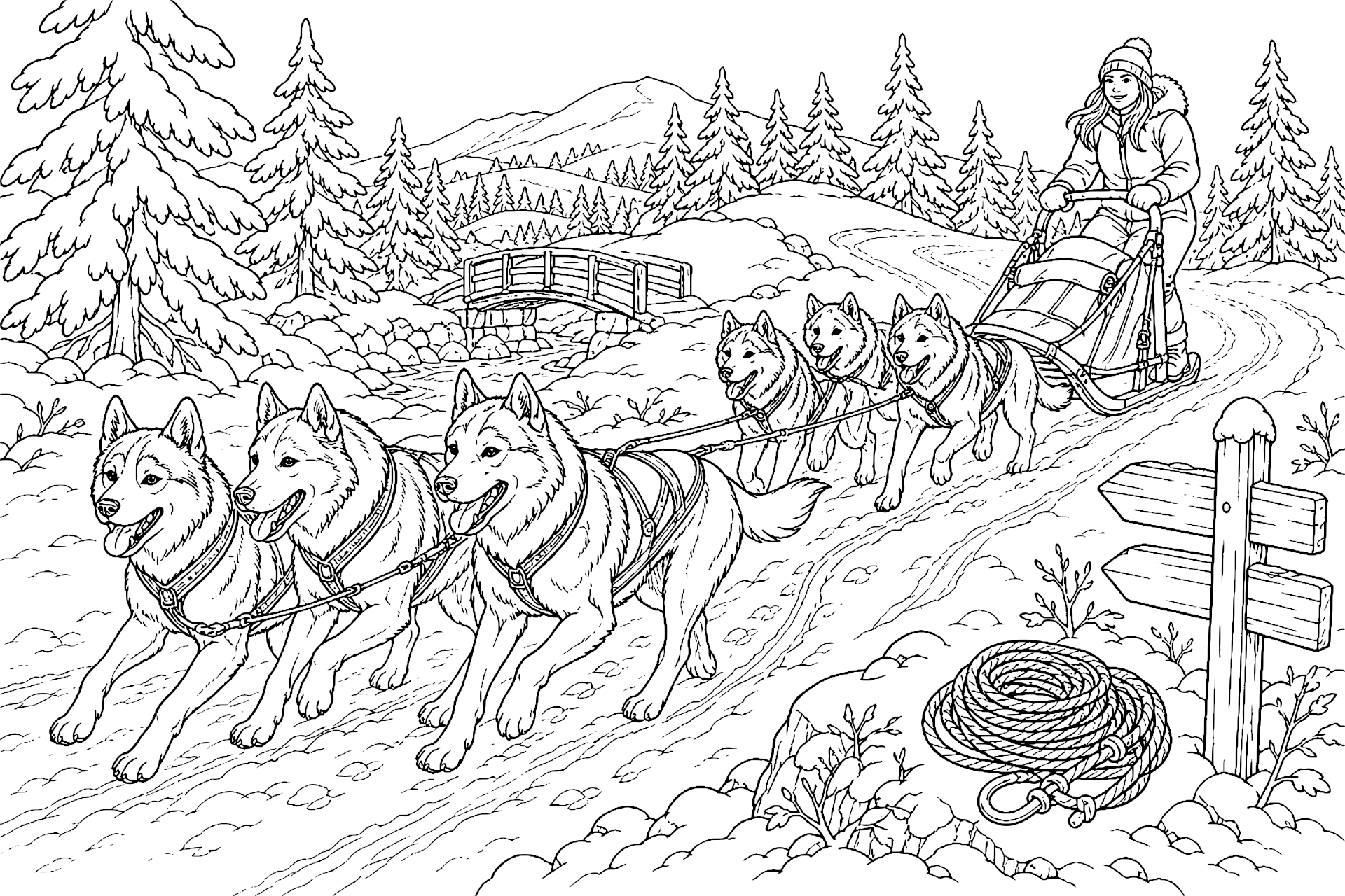 Schlittenhundeteam auf der Winterroute – Ausmalbild ab 11 Jahre - Ausmalbild ab 11 Jahren