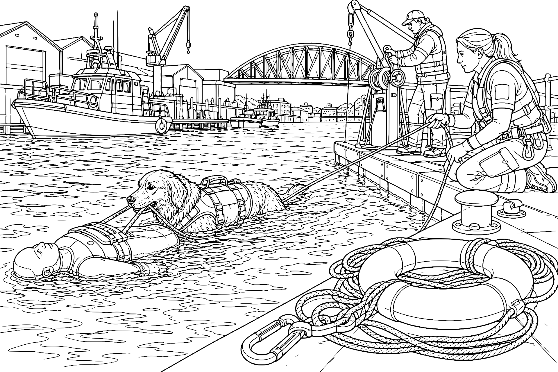 Wasserrettungshund am Hafenbecken – Ausmalbild ab 11 Jahre - Ausmalbild ab 11 Jahren
