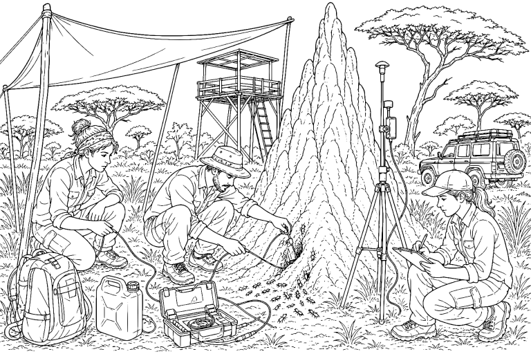Termitenarchitektur im Savannenforschungsfeld – Ausmalbild für Kinder ab 11 Jahren - Ausmalbild ab 11 Jahren