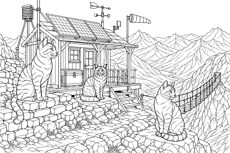 Katzen als Hüter des Bergpasses – Ausmalbild ab 11 Jahre - Ausmalbild ab 11 Jahren
