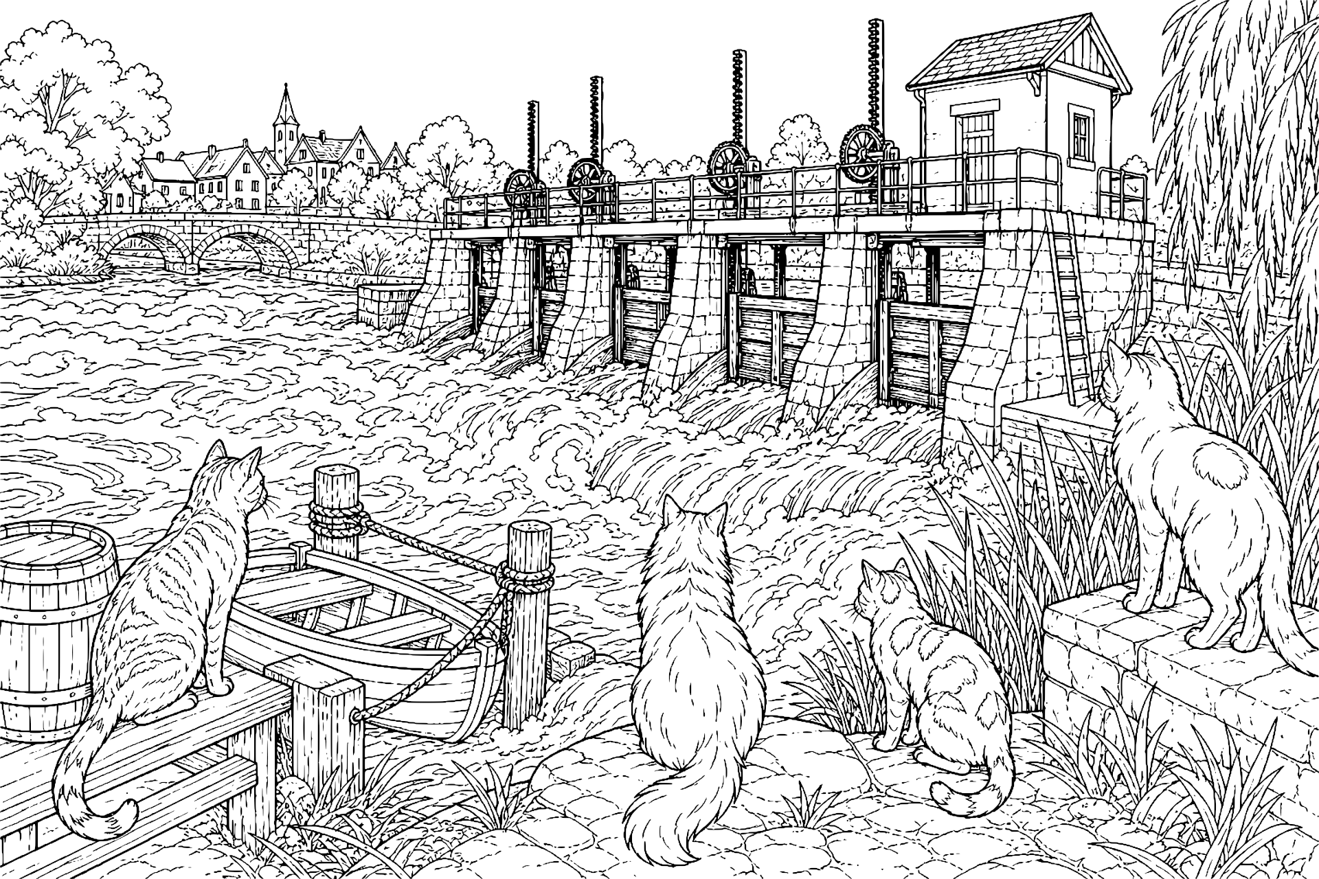 Katzen am Flusswehr bei Hochwasser – Ausmalbild ab 11 Jahre - Ausmalbild ab 11 Jahren