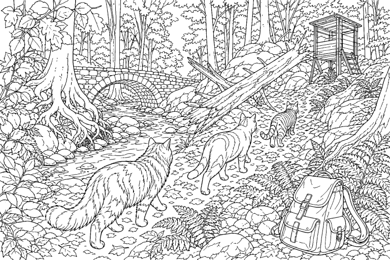 Katzen auf der Spur im Herbstwald – Ausmalbild ab 11 Jahre - Ausmalbild ab 11 Jahren