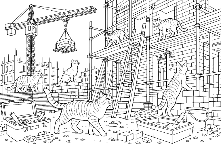 Katzen beobachten eine Nachtbaustelle – Ausmalbild ab 11 Jahre - Ausmalbild ab 11 Jahren