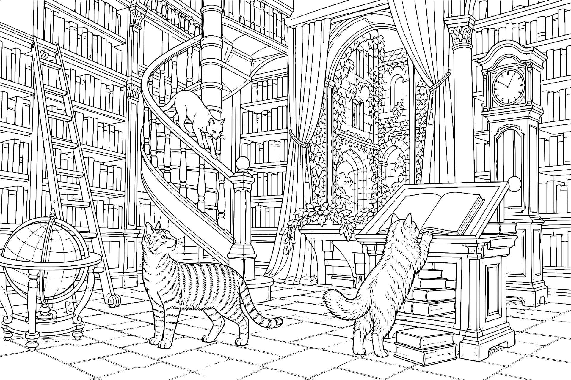 Katzen erkunden die Bibliothek des Gutshauses – Ausmalbild ab 11 Jahre - Ausmalbild ab 11 Jahren