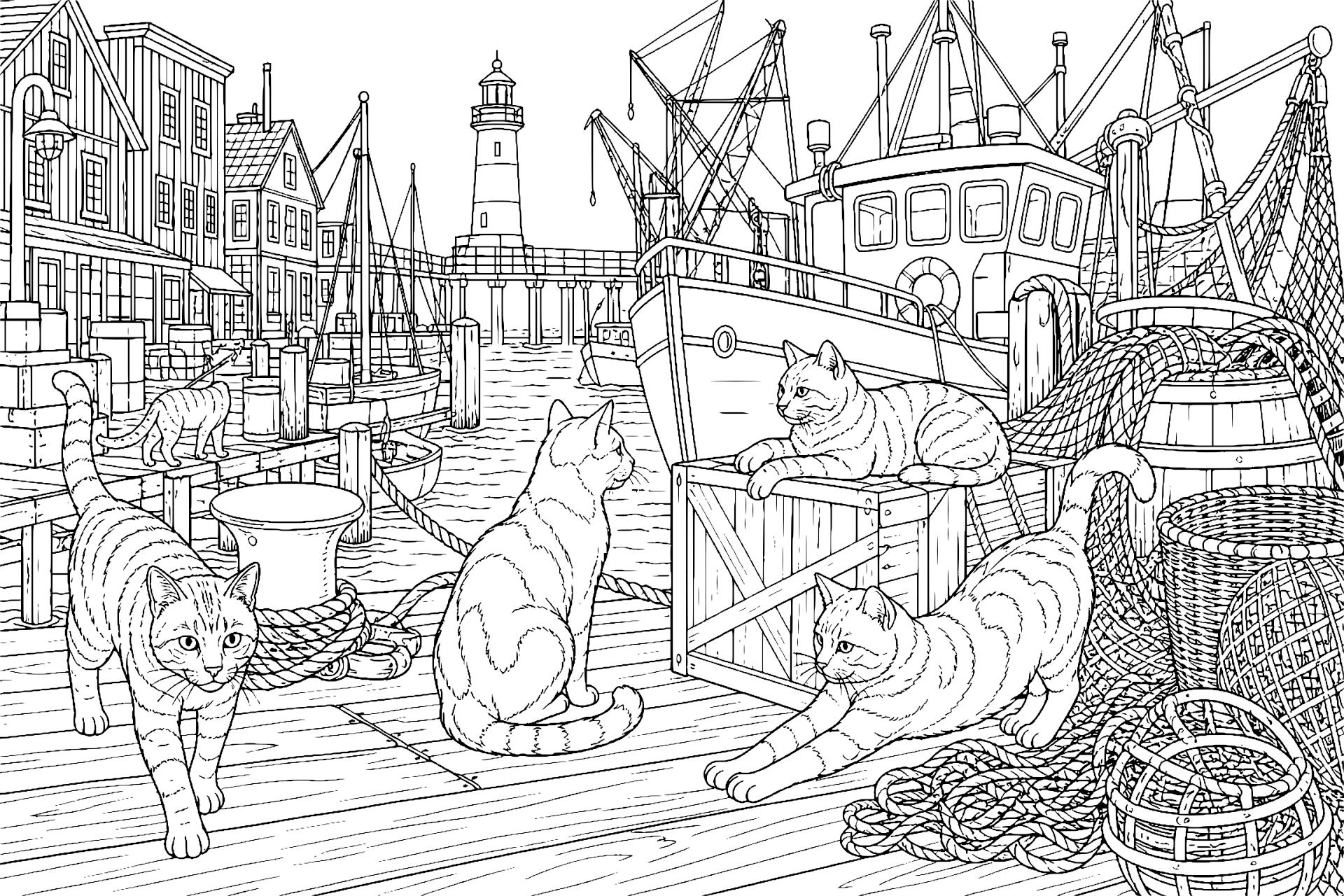 Katzen im Hafen zwischen Netzen und Kisten – Ausmalbild ab 11 Jahre - Ausmalbild ab 11 Jahren