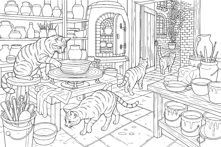 Katzen in der Keramikwerkstatt – Ausmalbild ab 11 Jahre - Ausmalbild ab 11 Jahren