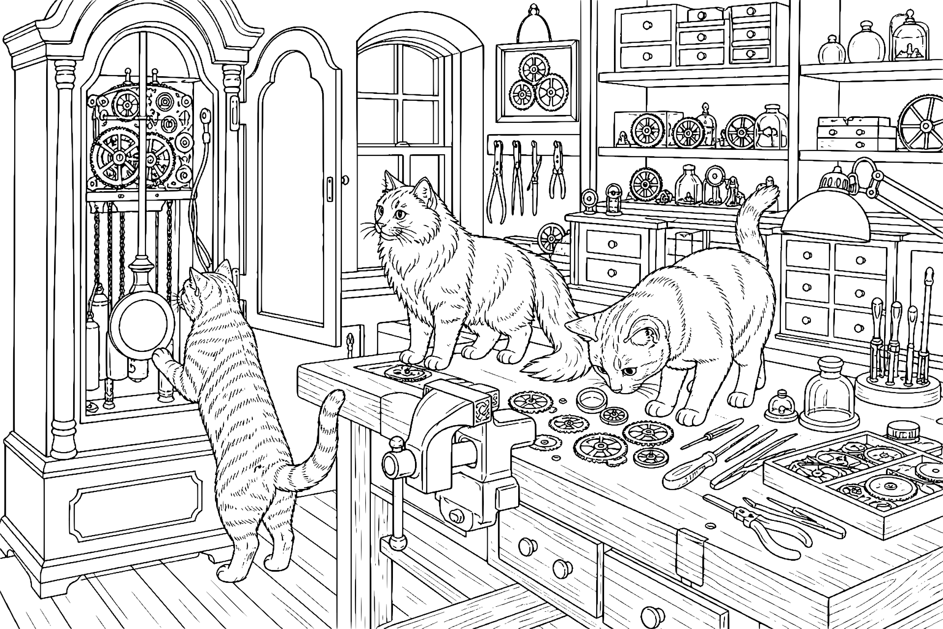 Katzen in der Werkstatt des Uhrmachers – Ausmalbild ab 11 Jahre - Ausmalbild ab 11 Jahren