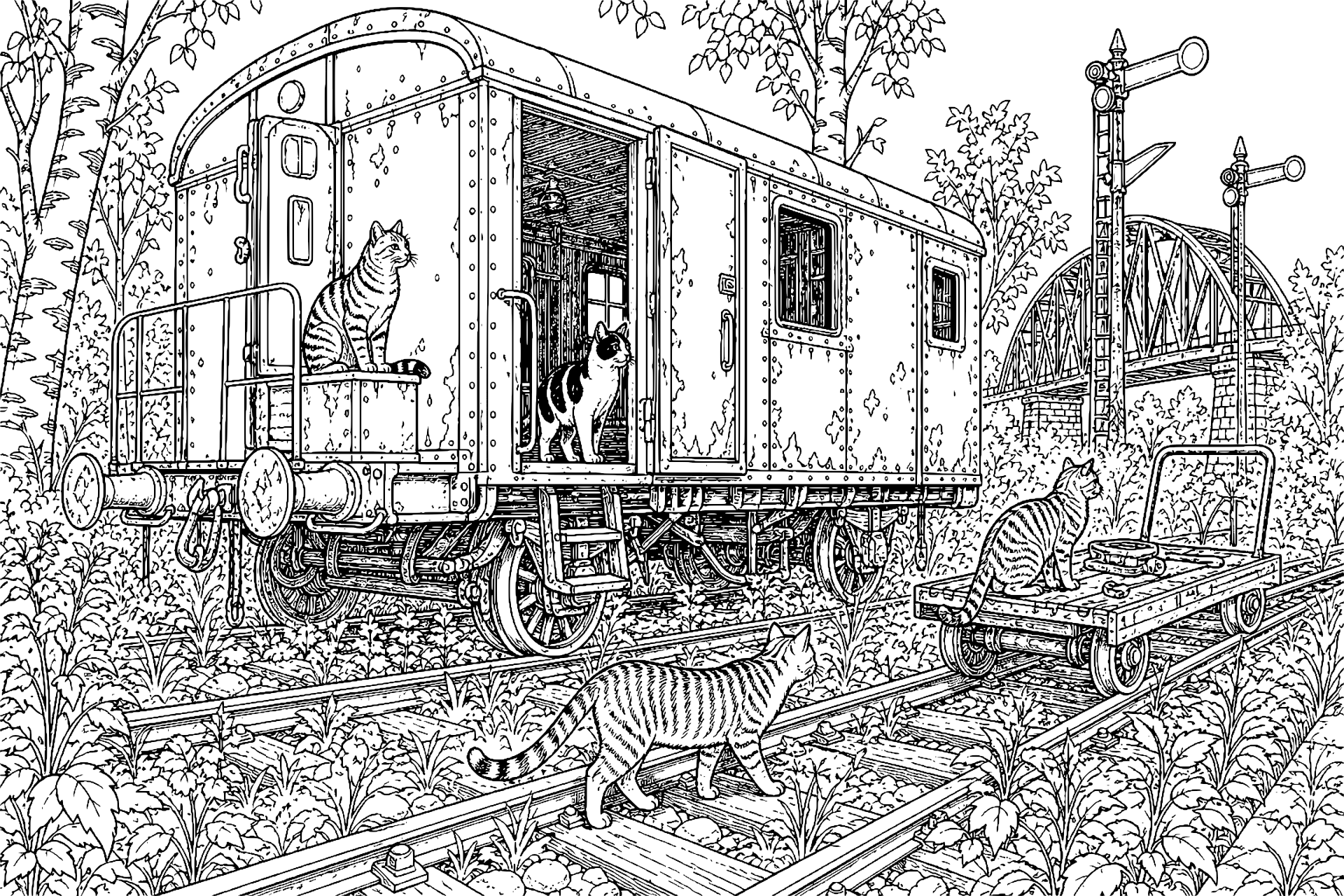 Katzen und der alte Eisenbahnwaggon – Ausmalbild ab 11 Jahre - Ausmalbild ab 11 Jahren