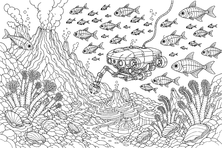 Ausmalbild ab 11 Jahre: Laternenfische am Tiefseevulkan - Ausmalbild ab 11 Jahren