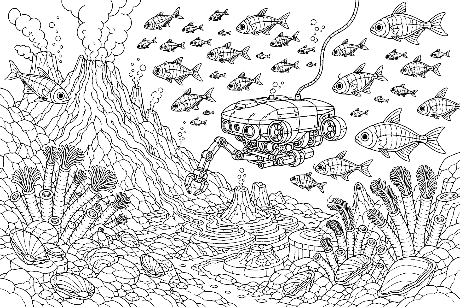 Ausmalbild ab 11 Jahre: Laternenfische am Tiefseevulkan - Ausmalbild ab 11 Jahren