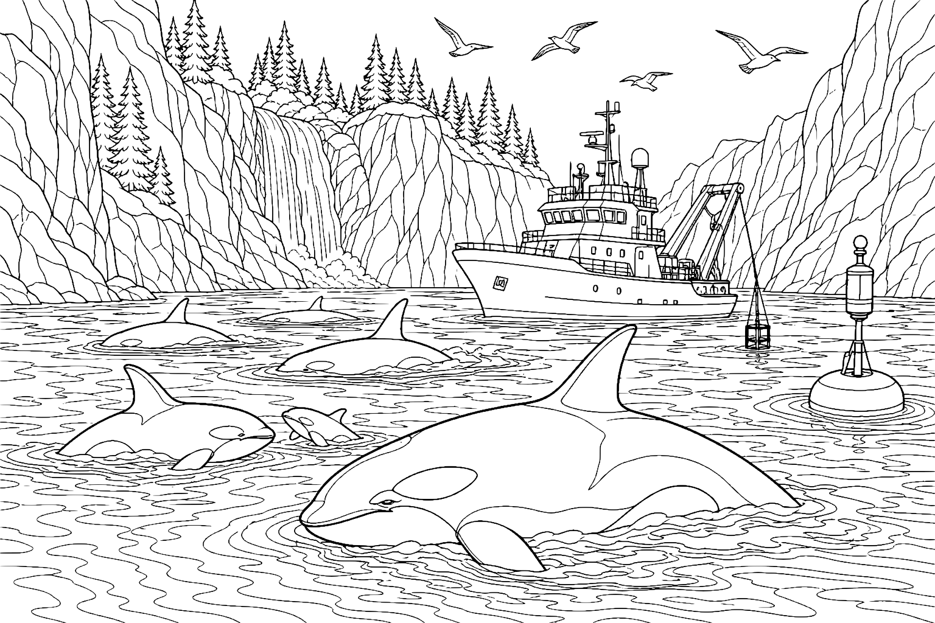 Ausmalbild ab 11 Jahre: Orcas im Fjord vor dem Wasserfall - Ausmalbild ab 11 Jahren