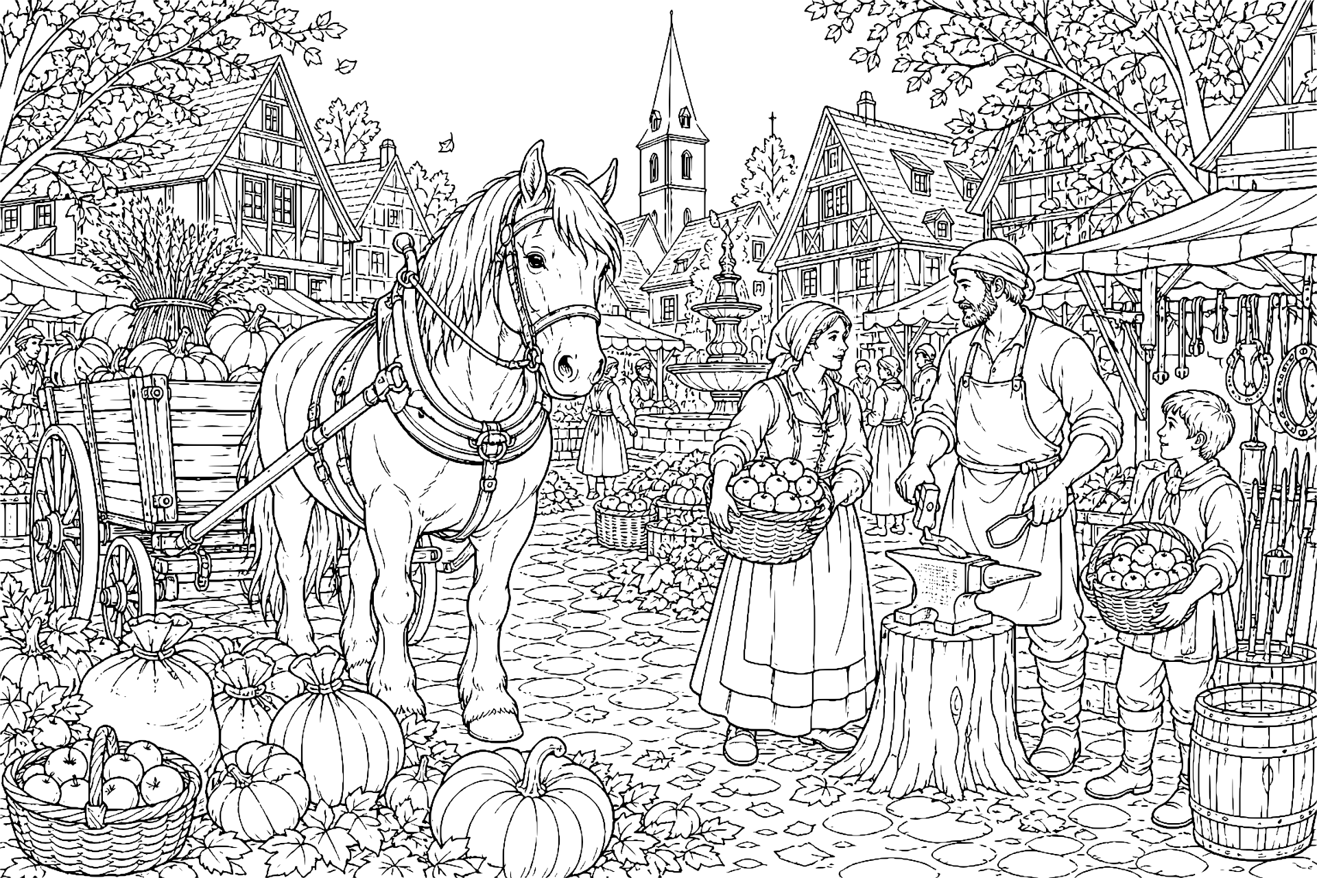 Pferd auf dem Herbstmarkt – Ausmalbild ab 11 Jahre - Ausmalbild ab 11 Jahren