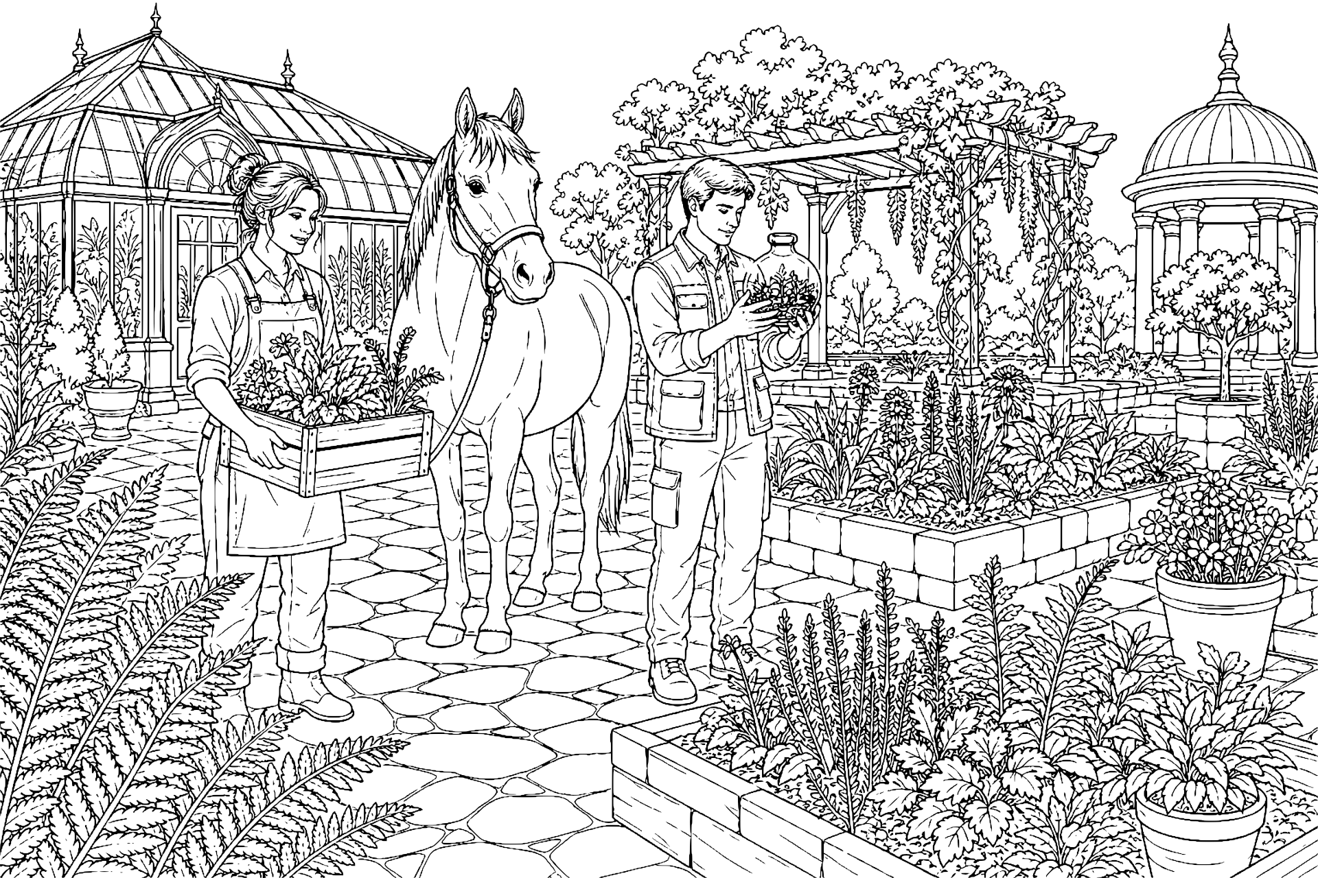 Pferd im botanischen Garten – Ausmalbild ab 11 Jahre - Ausmalbild ab 11 Jahren