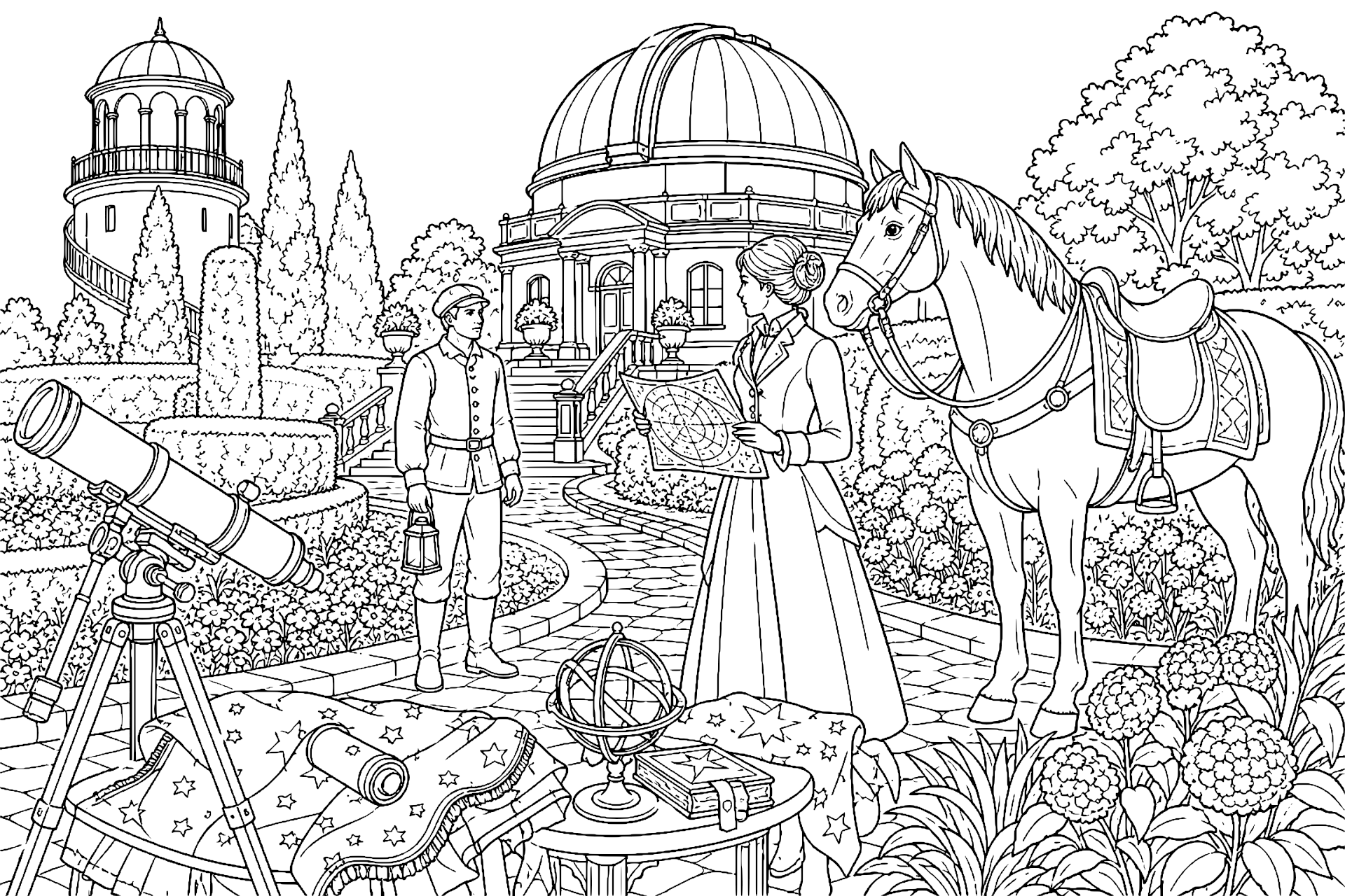 Pferd im nächtlichen Observatoriumsgarten – Ausmalbild ab 11 Jahre - Ausmalbild ab 11 Jahren